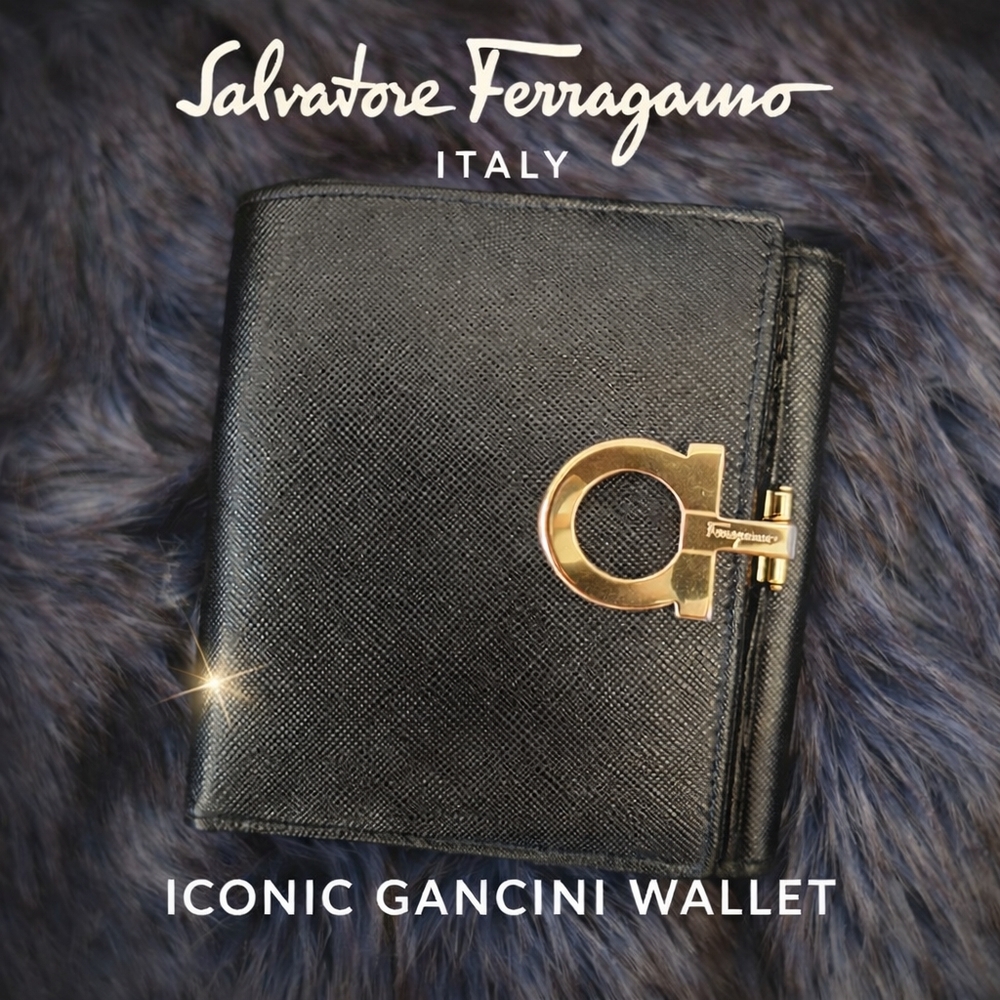 Salvatore Ferragamo Black Gancini Wallet with Gold Accent
